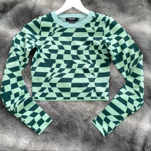 Tilly’s Mint Green Geometric Print Y2k Knit Sweater Crop Top - Picture 2 of 8